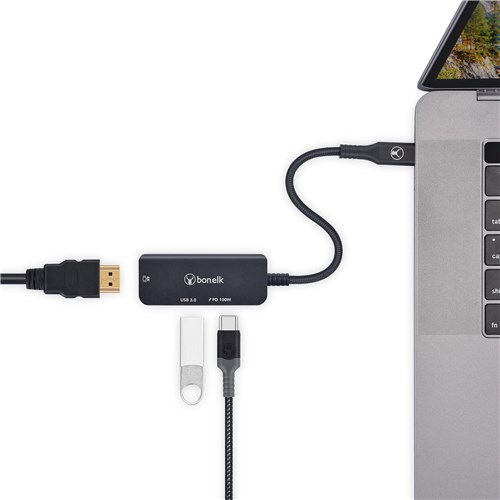 Bonelk Long-Life USB-C 3 in 1 Multiport Hub (Black)