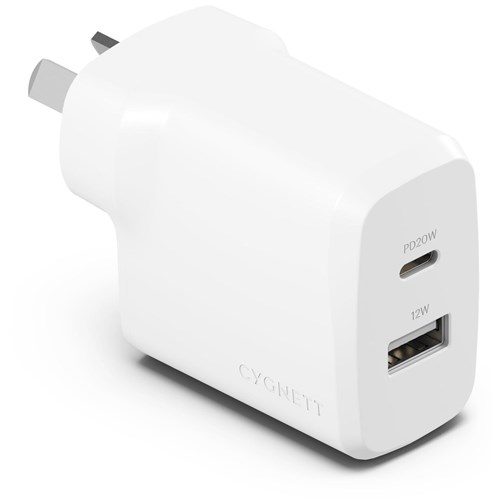 Cygnett Powerplus 32W PD Dual Port Wall Charger (White)