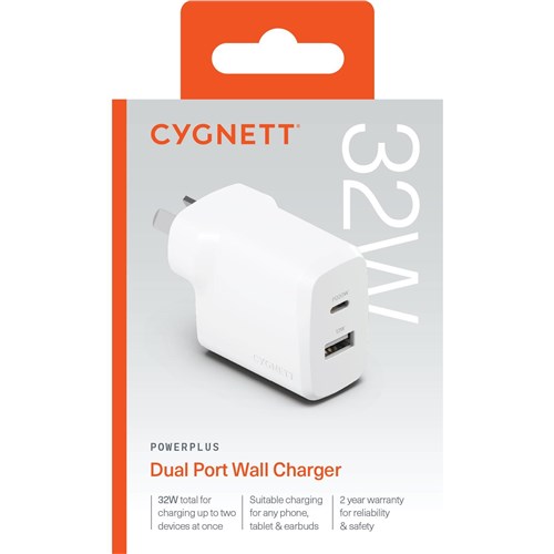 Cygnett Powerplus 32W PD Dual Port Wall Charger (White)