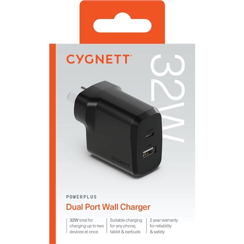 Cygnett Powerplus 32W PD Dual Port Wall Charger (Black)