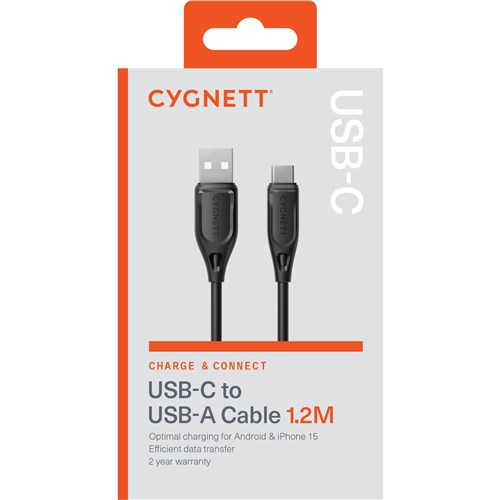 Cygnett Charge & Connect USB-C to USB-A 2.0 Cable V2 1.2m (Black)