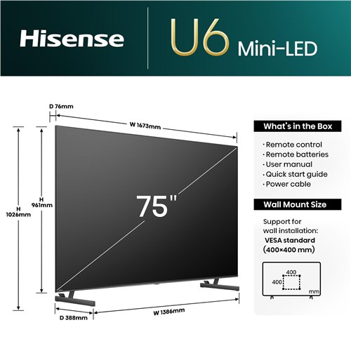 Hisense 75' U6NAU Mini-LED 4K QLED Smart TV [2024]