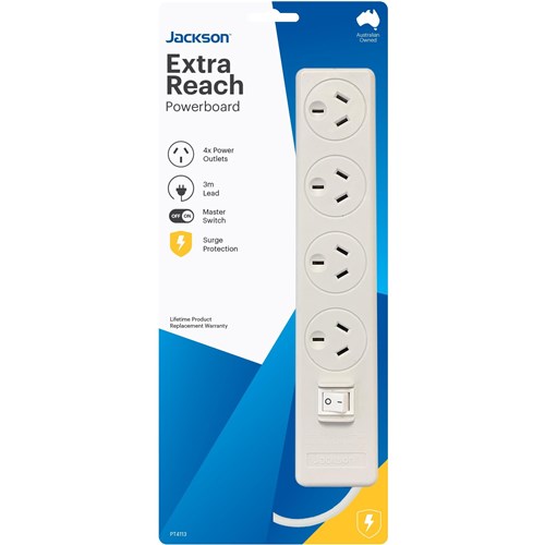 Jackson 3 Metre Lead Surge Protected Board w/ 4 x Power Socket Outlets